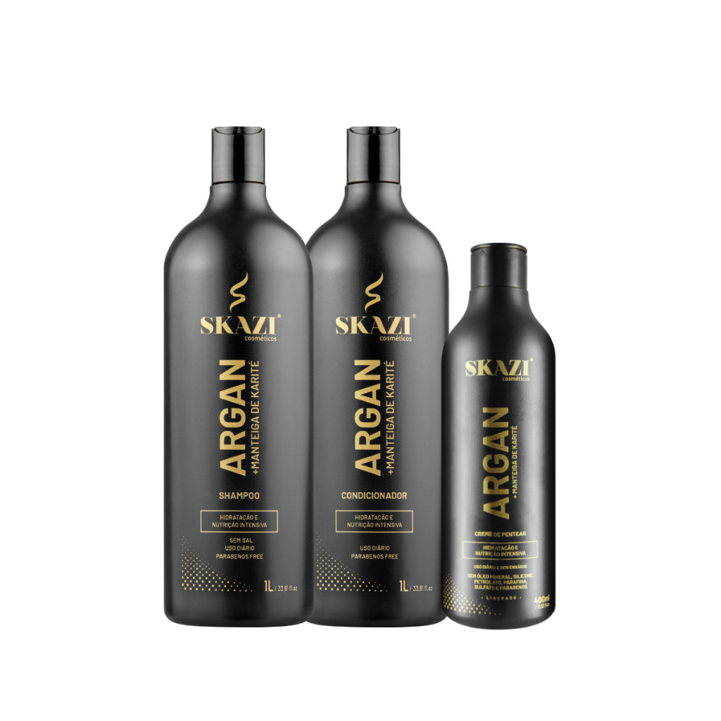 KIT SKAZI ARGAN + KARITÉ SHAMPOO E CONDICIONADOR 01L + CREME DE PENTEAR 400ML em Oferta na Shopee