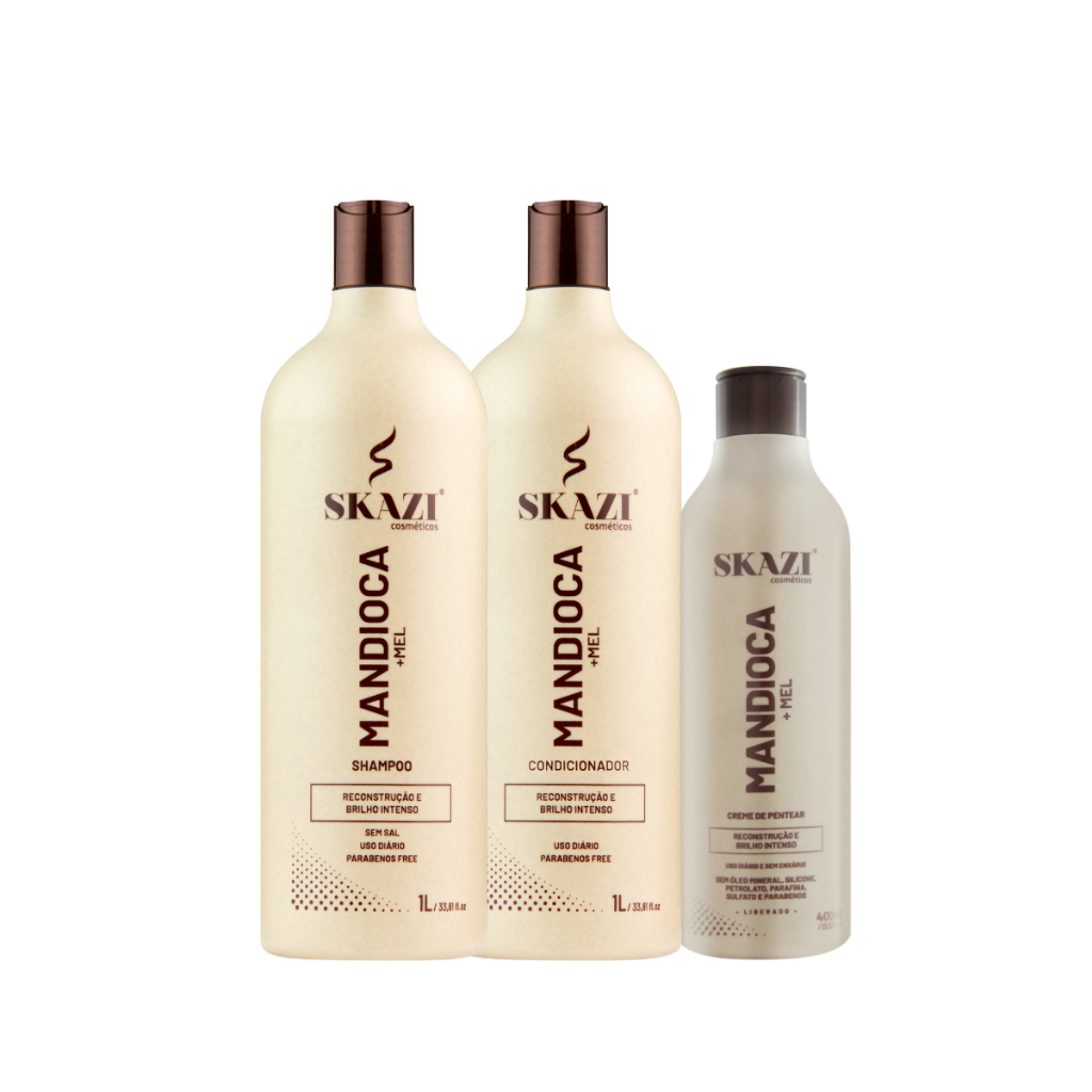 Kit Skazi Mandioca 3 em 1 – Shampoo 1L, Condicionador 1L e Creme de Pentear 400ml – Reconstrução Capilar