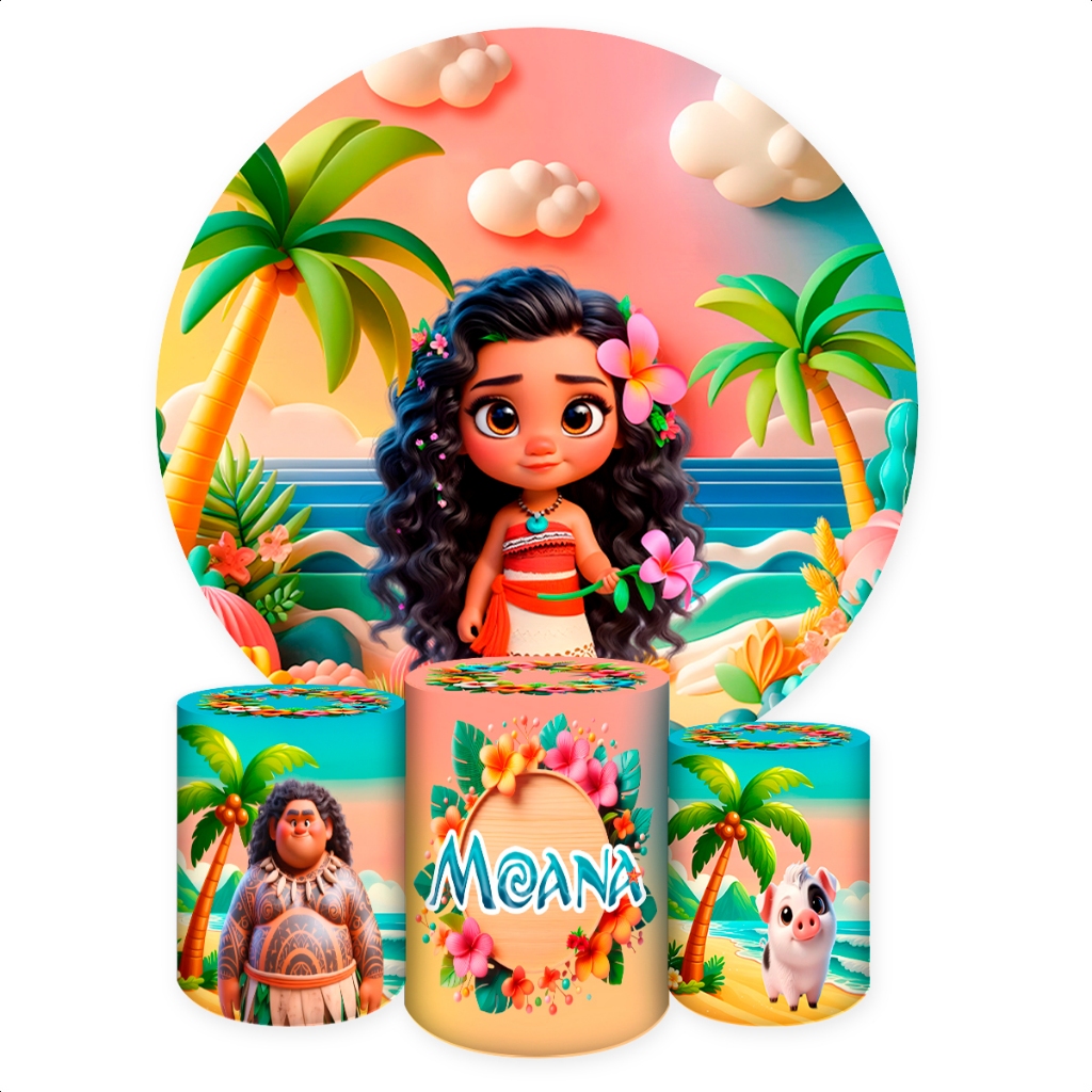 Capa Painel Redondo + Capas de Cilindro Sublimados Para Festas Tema Moana e Moana Baby