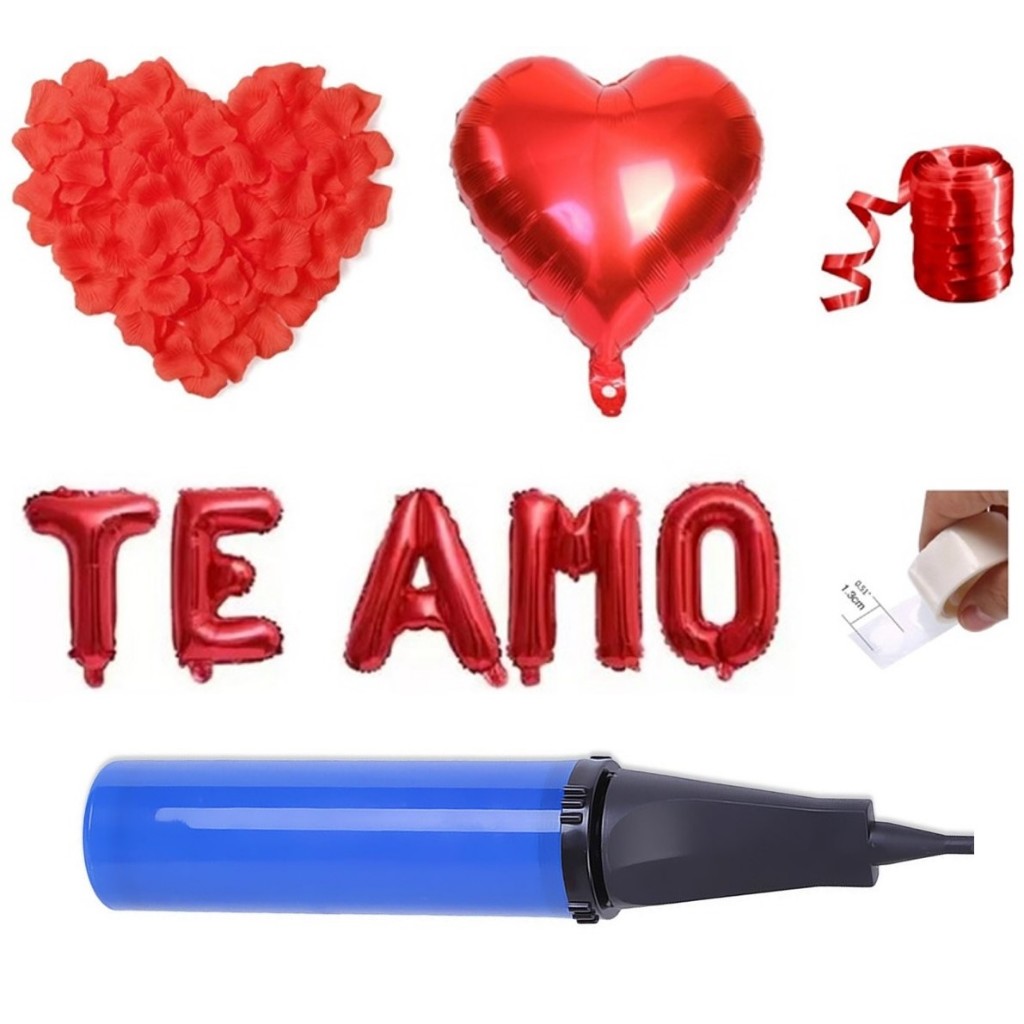 Kit 200 Pétalas Artificiais + 6 Balão Coração + Balão Te amo + Fitilho + Gota Cola + Bomba