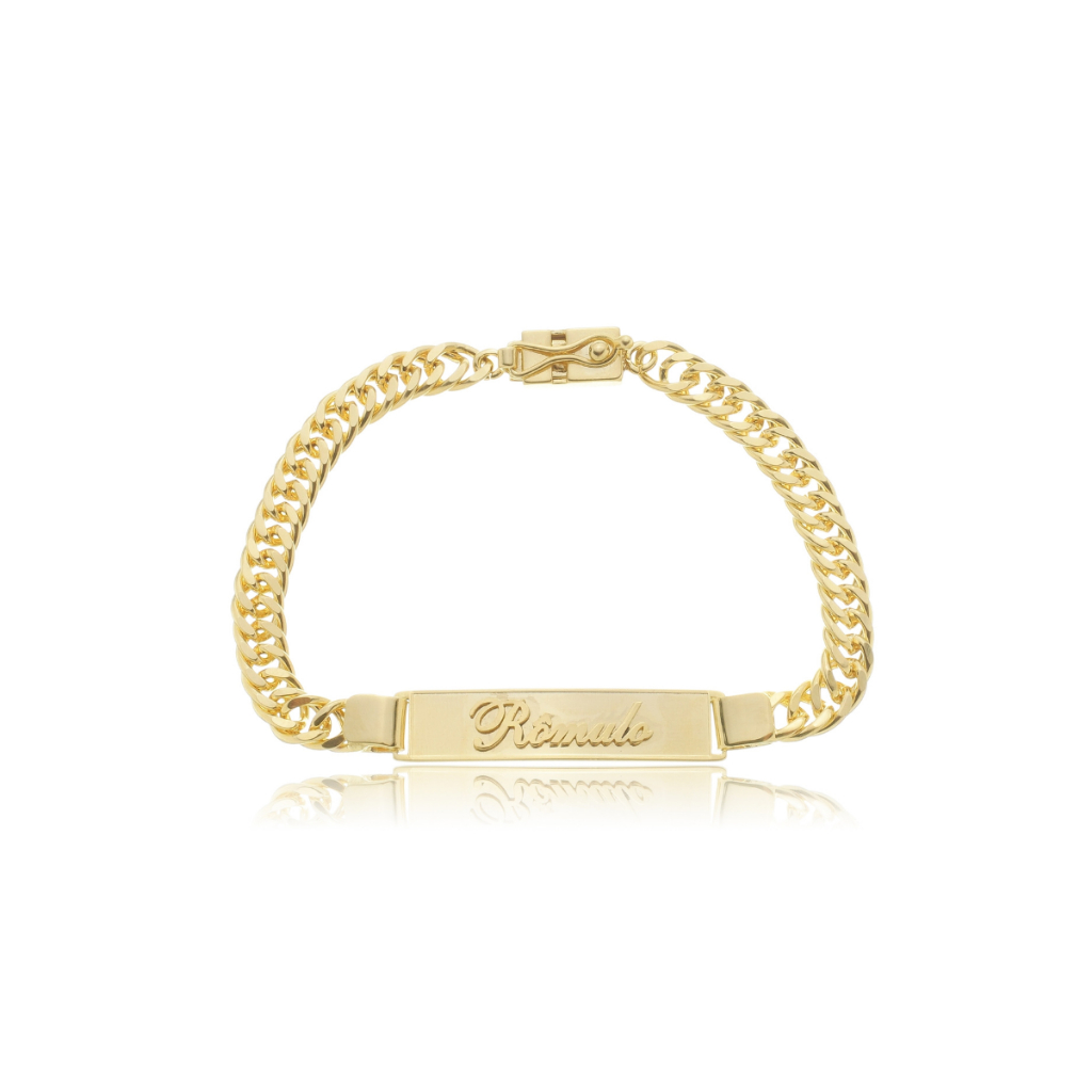 Pulseira Luxo Unisex Semijóia Placa Gravação Nome Alto Relevo Masculino Feminino Folheado A Ouro 18K