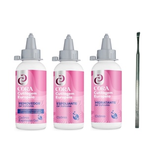 Kit Cutilagem Europeia REMOVEDOR + ESFOLIANTE + HIDRATANTE Cora OZÔNIO 100ml + Espátula Empurrador em Oferta na Shopee