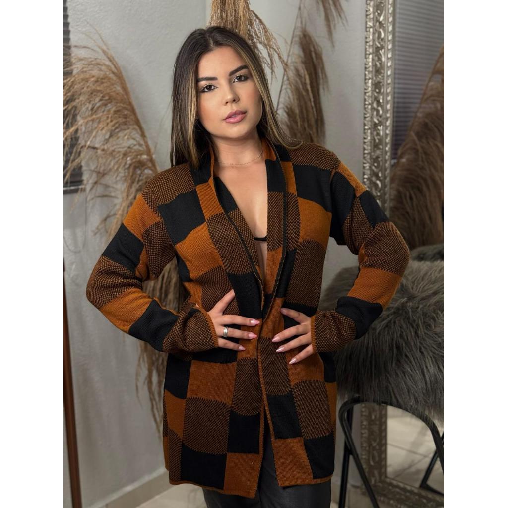 Casaco Sobretudo Feminino Alfaiataria Estampa Xadrez Quadriculado Max Kimono Blusa de Frio...