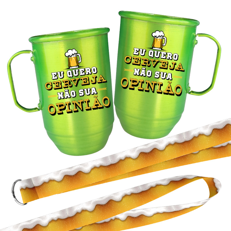 Caneca de Alumínio 850ml com Tirante FRASE EU QUERO CERVEJA NÃO SUA  OPINIÃO