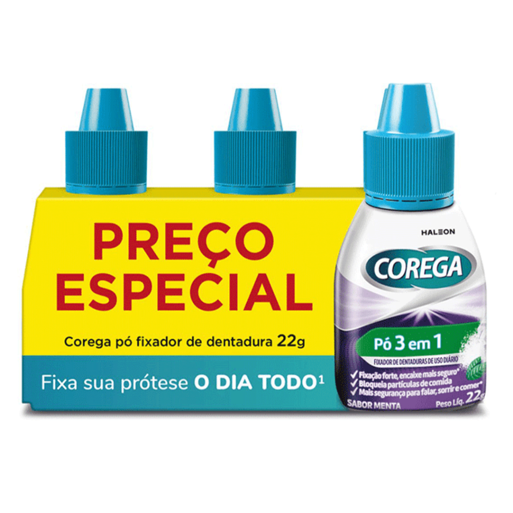 Kit 3 Corega Pó 3 em 1 Para Dentaduras Fixador Próteses Dentárias em Oferta na Shopee