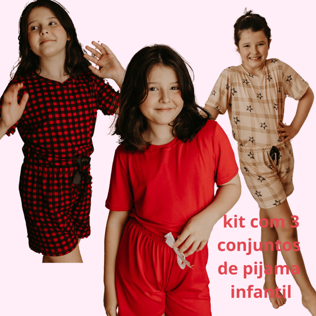Kit 3 Conjuntos de Pijama Infantil Menina Manga Curta e Shorts Baby Doll Verão De Crianças 8 a 12