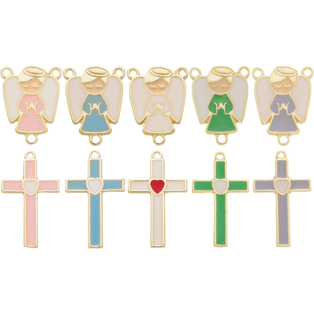 Kit 5 Pingentes Crucifixo + 5 Entremeios Anjinho Resinado Para Terço Banho Dourado Cataforético em Oferta na Shopee