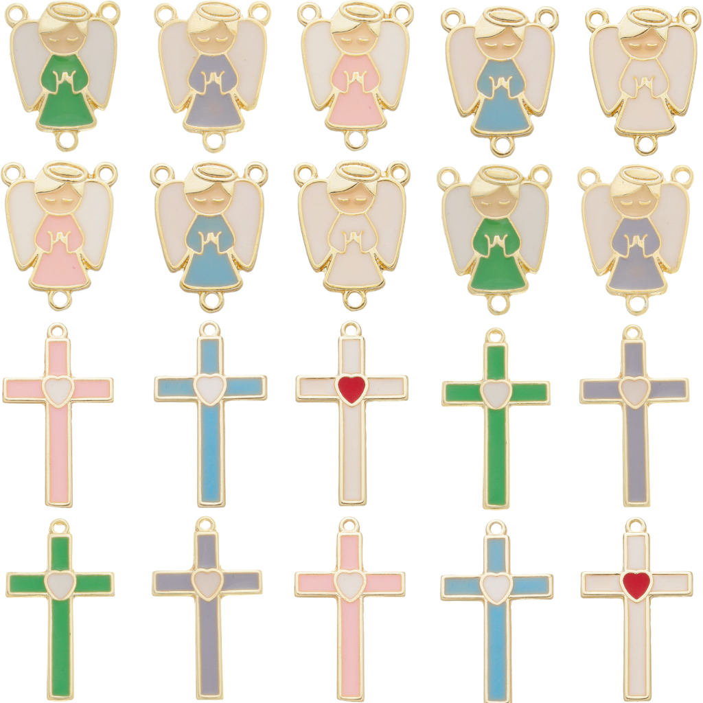Kit 10 Pingentes Crucifixo + 10 Entremeios Anjinho Resinado Para Terço Banho Dourado Cataforético em Oferta na Shopee