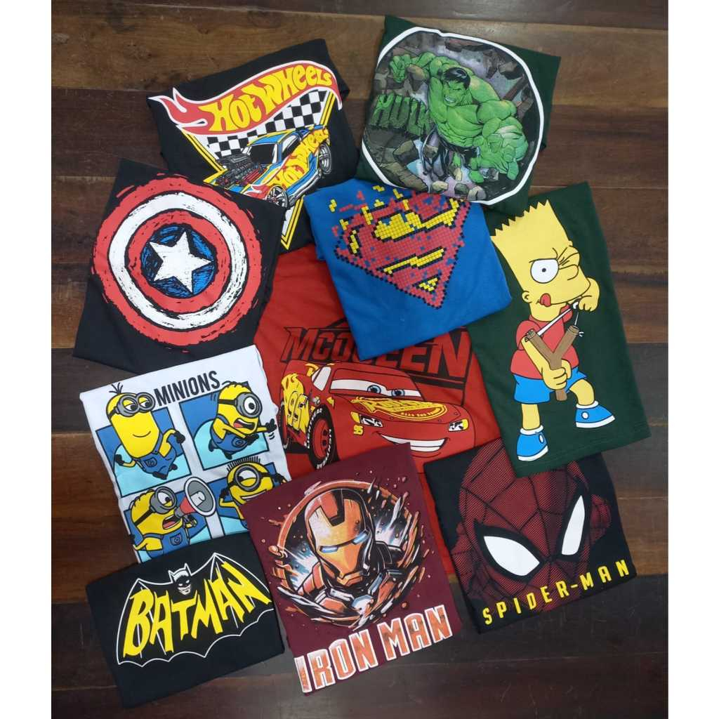 Kit 3 Camiseta Infantil Personagem Manga Curta 100% Algodão Cores e Estampas Sortidas 2 ao...