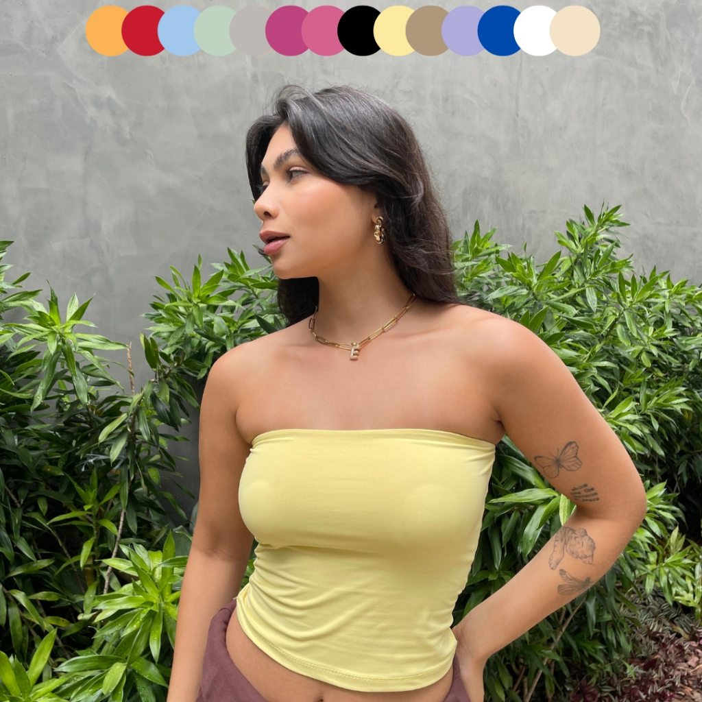 Blusinha básica Top Cropped Tube Faixa Poliamida Tomara Que Caia Feminino Forro Duplo Confortável Suplex