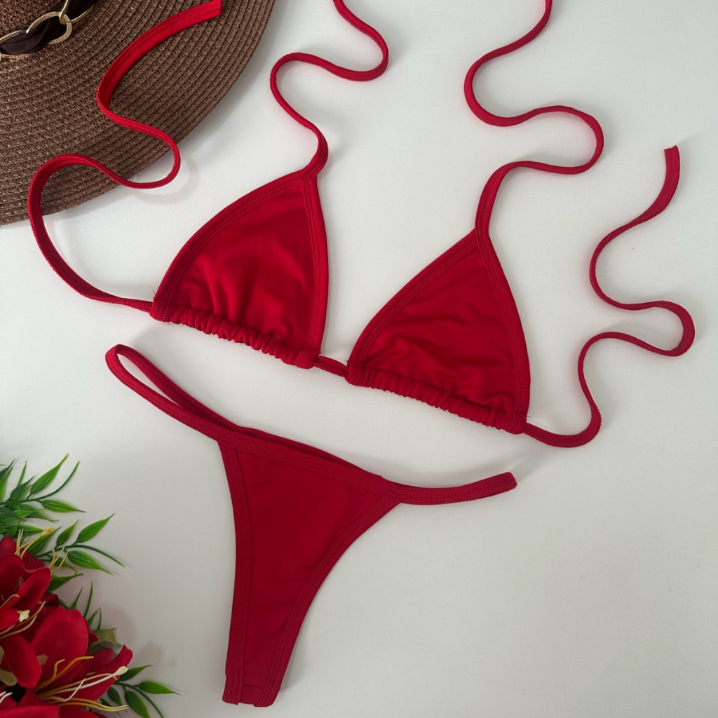 Biquíni Fio Dental Marquinha Vermelho Fita Marquinha Bronze Premium