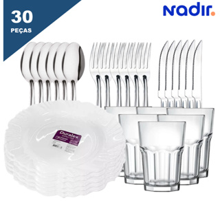 Aparelho de Jantar 30 Pçs Jogo de Pratos 6 Pçs e Jogo de Copos 6 Pçs Nadir + Jogo de Talheres Faqueiro Inox 18 Pçs em Oferta na Shopee