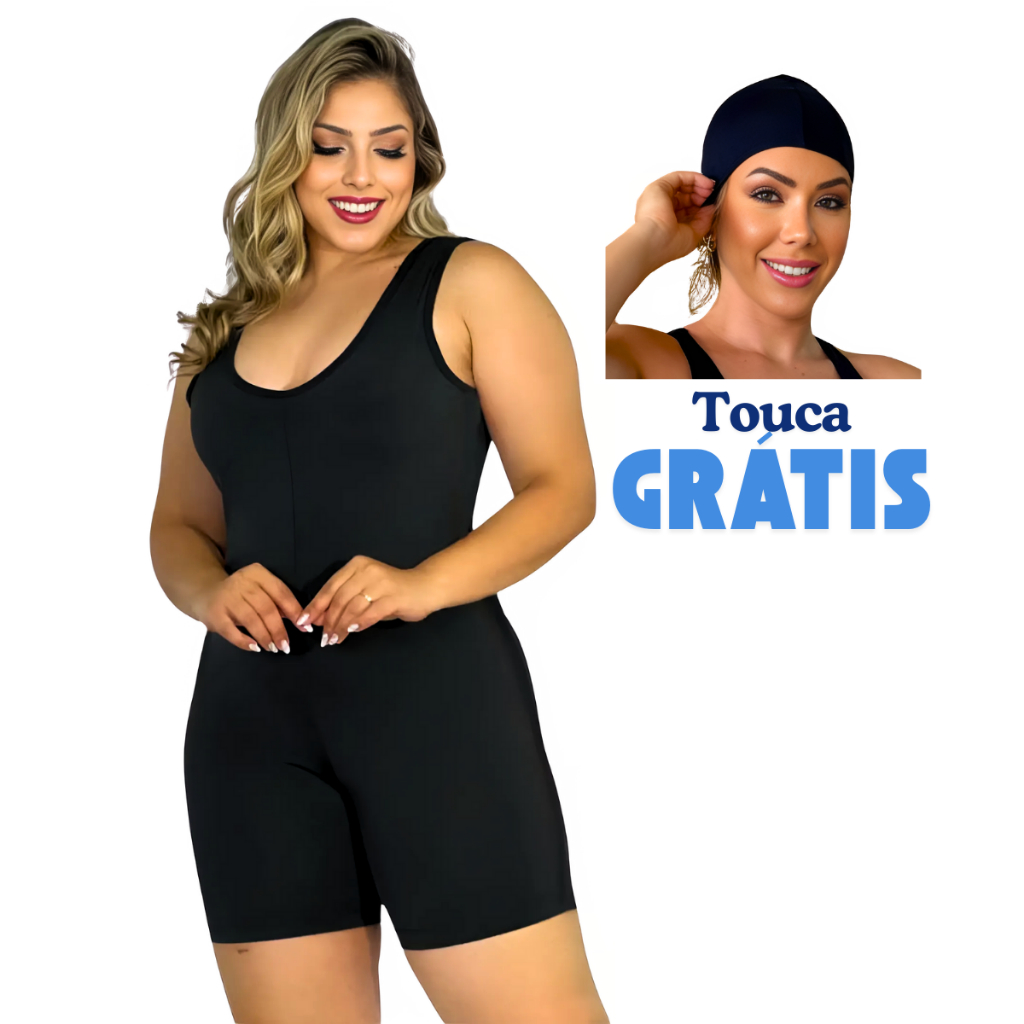 Maiô Macaquinho Hidroginástica com Touca Grátis Preto Roupa de Banho Ideal para Natação e Academia