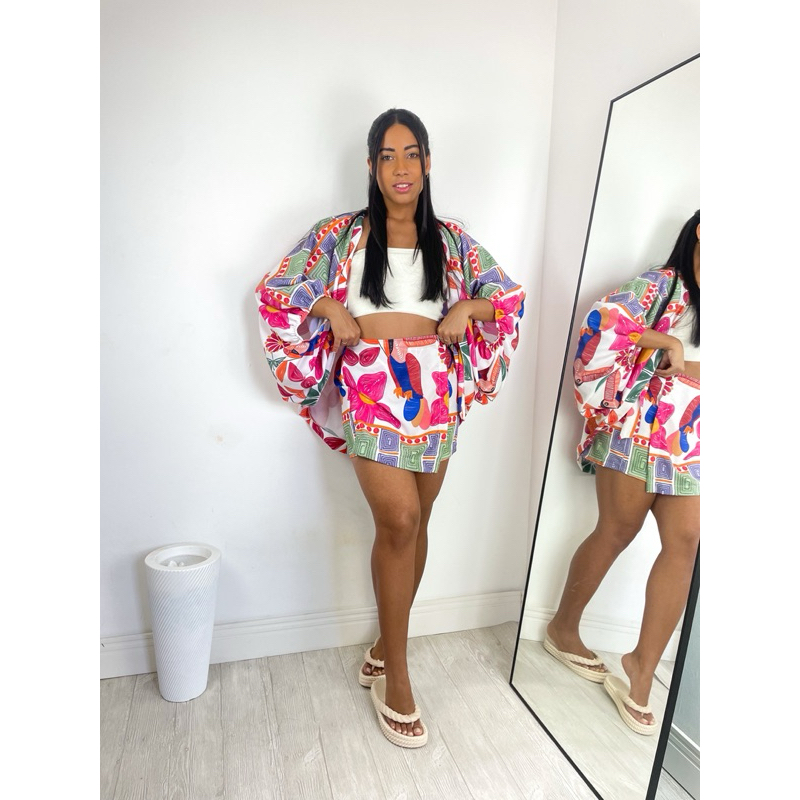 Conjunto Kimono e Short Saia Estampado Floral - Moda Feminina Verão Estilo Casual