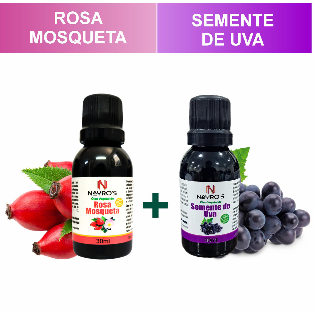 Kit Óleo Vegetal de Rosa Mosqueta e Oleo Vegetal Semente de Uva 100% Puro | Acnes, Manchas, Estrias