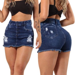 Short saia jeans feminino cós cintura alta versátil casual com LAYCRA Jeans PREMIUM