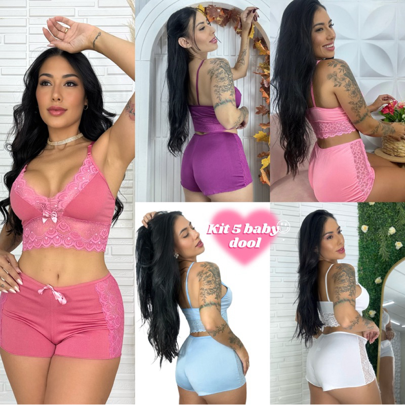 Kit 5 baby Doll feminino barato linha noite pijama curto lingerie barata
