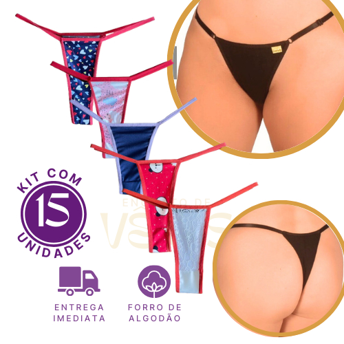 15 Calcinhas Kit Fio Dental Feminina Tam Único Forro Algodão Confortável Estampas Diversas