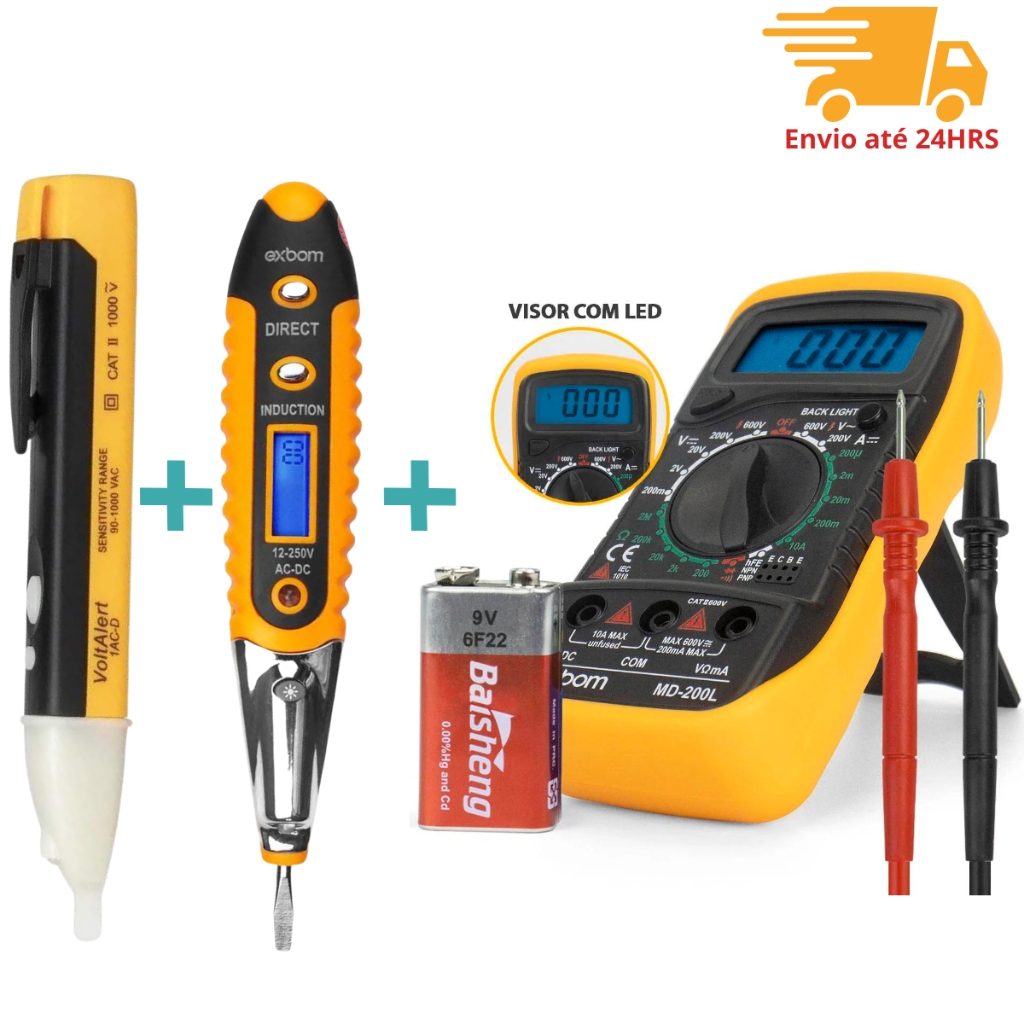Kit 3x1 Multímetro Profissional + Caneta Detectora tensão + Chave Teste Digital Corrente Voltagem