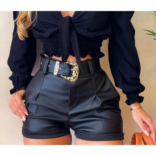 Shorts Feminino  Luxo em Couro fake Cinto com Fivela em Oferta na Shopee