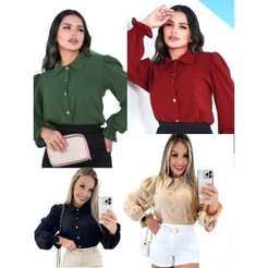 Camisa Feminina Social com Botão Manga Longa Elegante no Tecido Duna Super Tendências 2025