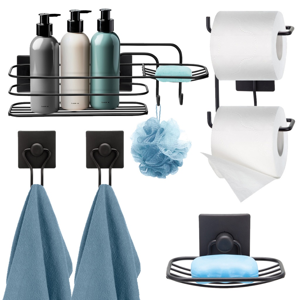 Kit 5 Pecas Acessorios Banheiro Porta Shampoo Papel Gancho Saboneteira S/ Furo 3m Preto Arthi em Oferta na Shopee