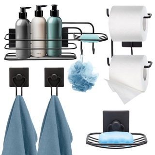 Kit 5 Pecas Acessorios Banheiro Porta Shampoo Papel Gancho Saboneteira S/ Furo 3m Preto Arthi em Oferta na Shopee