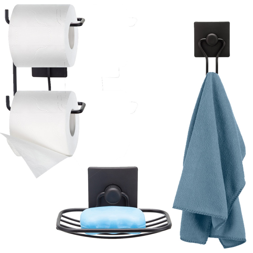 Kit 3 Pecas Acessorios Banheiro Gancho Papeleira Saboneteira Sem Furo Fixação 3m Preto Arthi