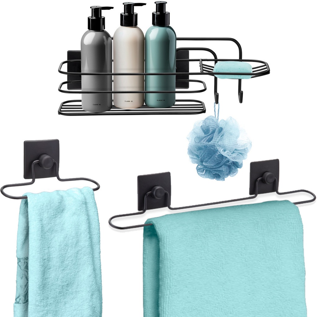 Kit Acessorios 3 Pecas Suporte Toalha Rosto Banho Porta Shampoo Banheiro 3M Sem Furo Preto Arthi