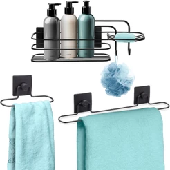 Kit Acessorios 3 Pecas Suporte Toalha Rosto Banho Porta Shampoo Banheiro 3M Sem Furo Preto Arthi