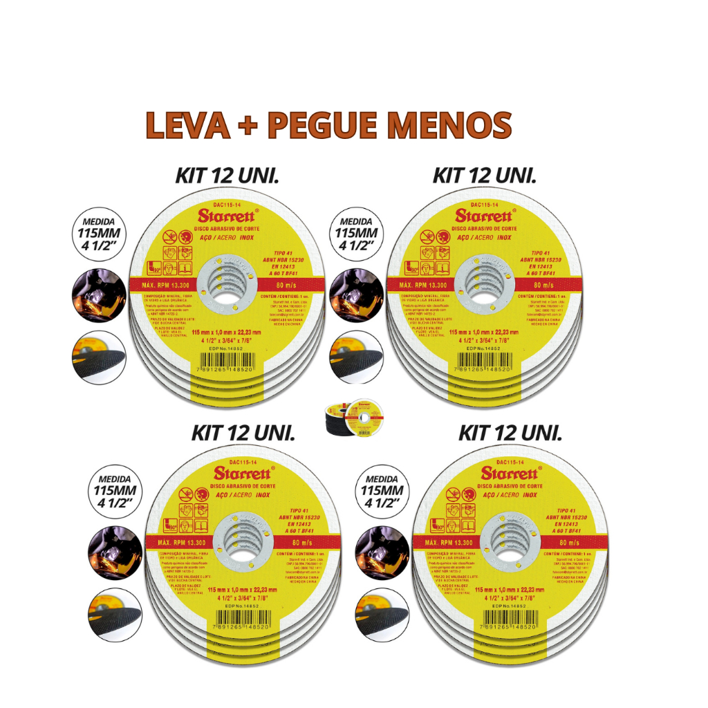 Kit 12/24/48-Disco De Corte Fino Inox 4.1/2" Espessura 1,0 mm - Starrett.