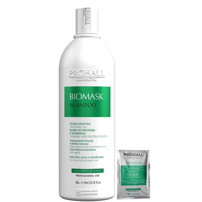 Shampoo Biomask 1 Litro - Prohall Professional + 2 Sachês de Hidratação de Brinde