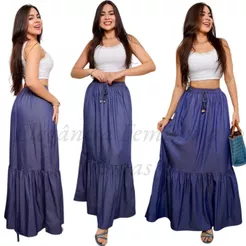 Saia Longa Jeans Chambray casual tendência moda boqueira Verão moda gringa***