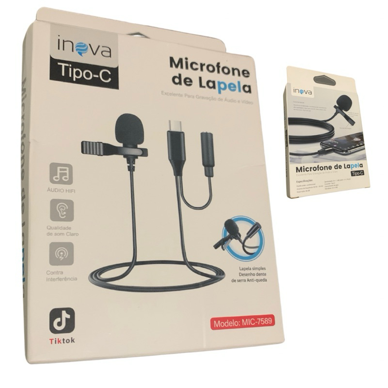 Microfone de Lapela Inova Tipo C ou Aux3.5
