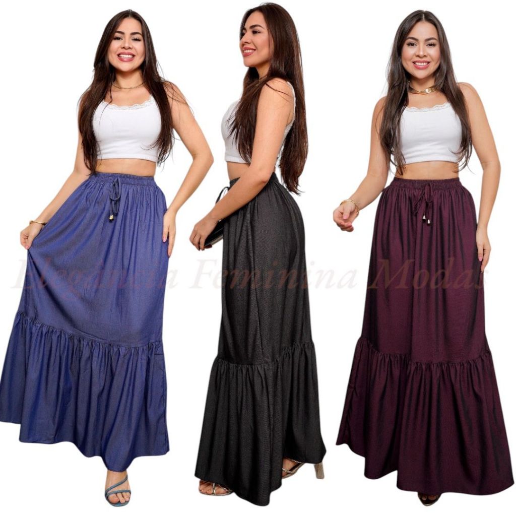 Saia Jeans Chambrey Longa casual tendência boqueira moda verão em Oferta na Shopee