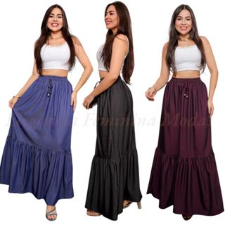 Saia Jeans Chambrey Longa casual tendência boqueira moda verão em Oferta na Shopee