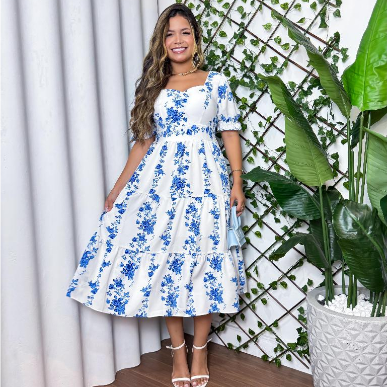 Vestido Feminino 3 Marias com Manga Floral Mídi em Crepinho - Moda Casual em Oferta na Shopee