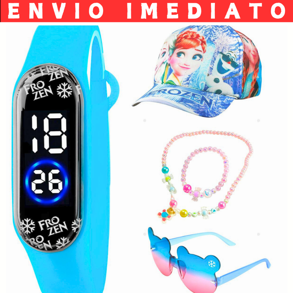 Kit Relógio Infantil Digital Menina Frozen + Boné + Óculos + Pulseira Colorida + Colar Presente