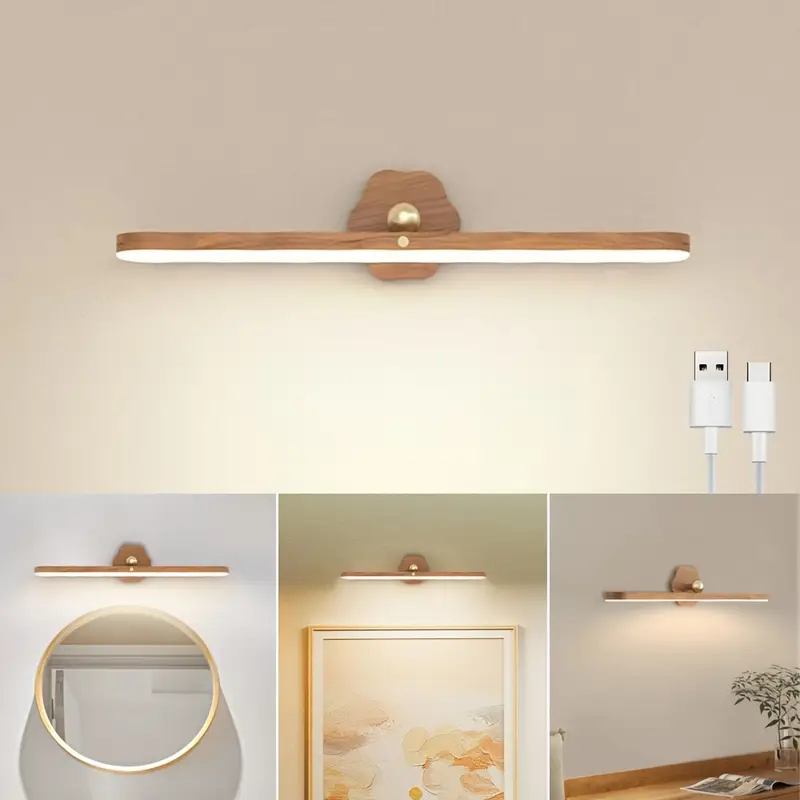 Lâmpada de Parede LED com Design de Madeira Rotativa 360° Magnética Recarregável