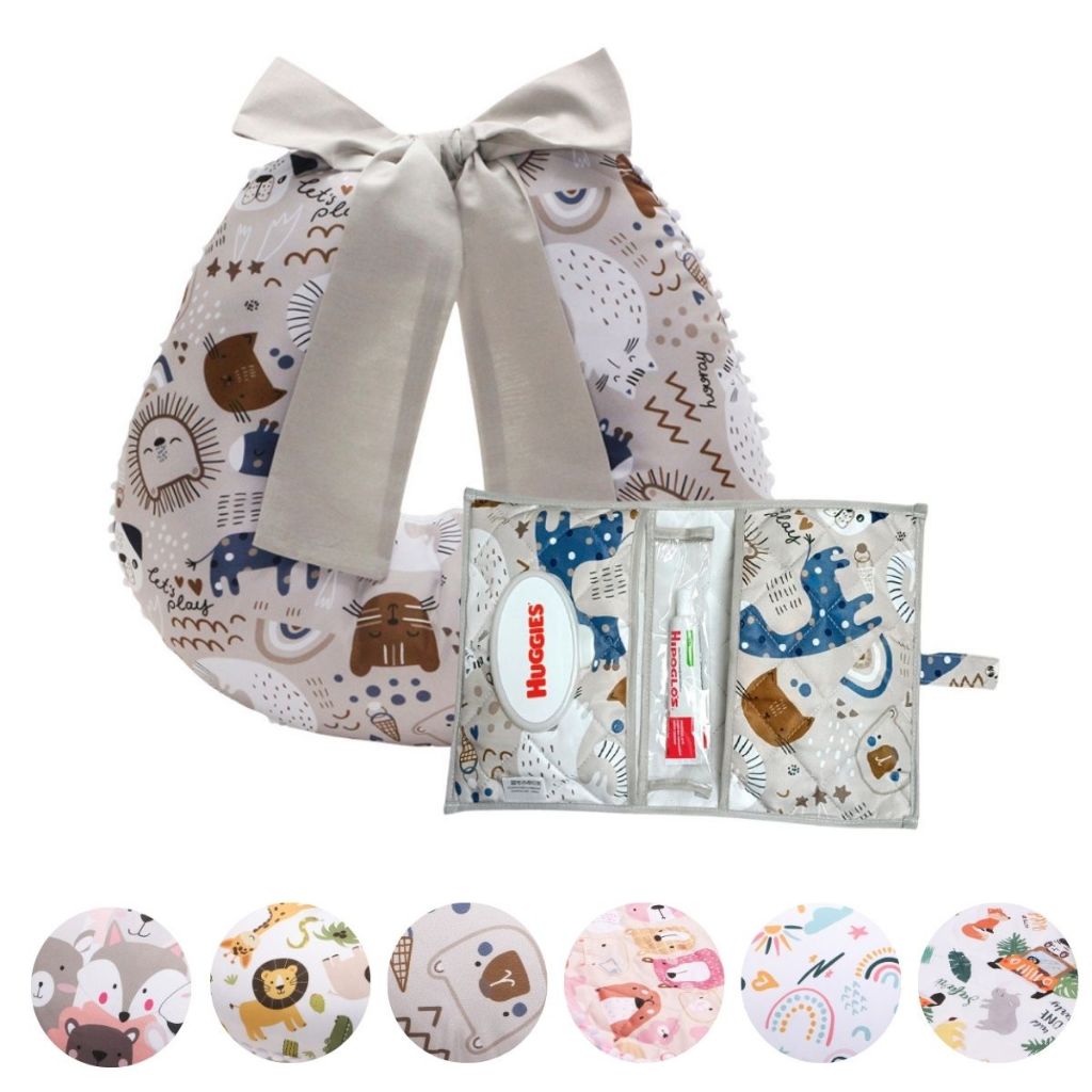 Kit Almofada Amamentação + Porta Fralda Lenço Menino e Menina 02 Peças Pompom Apoio Gestante