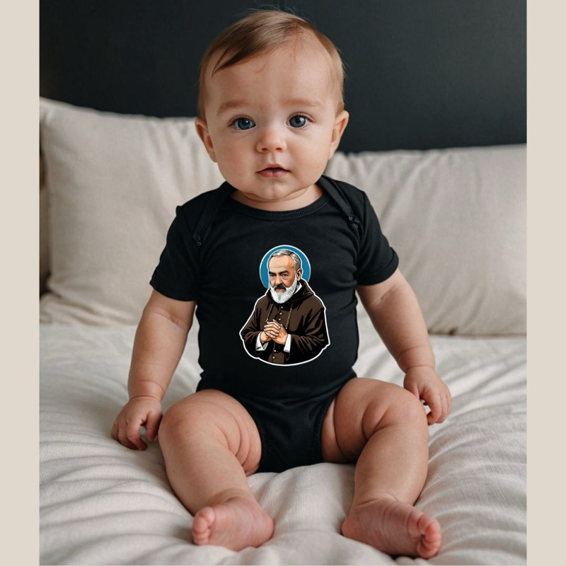 Body Infantil Bebê 100% Algodão São Padre Pio Católico Cristianismo Mêsversário Devoção Missa
