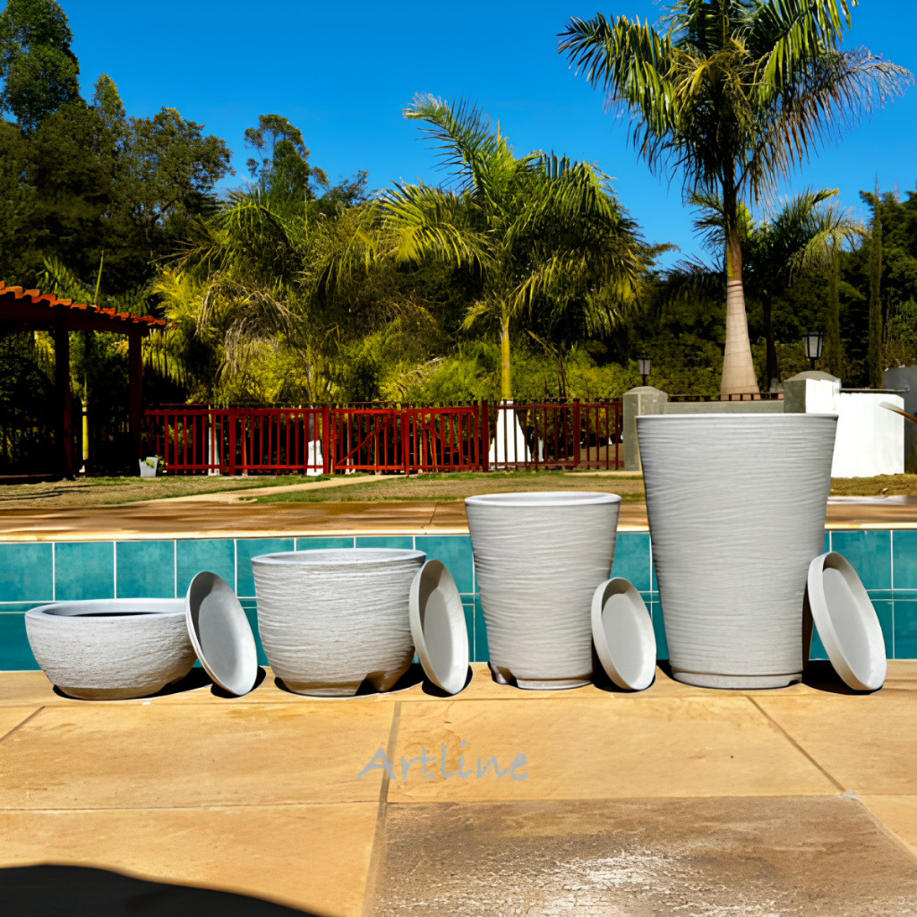 Kit 4 Vasos Texturizados Planta Flor Polietileno Coluna Redonda N°1+ N°2+ Bojo N°1+ Bacia N°1 com Prato