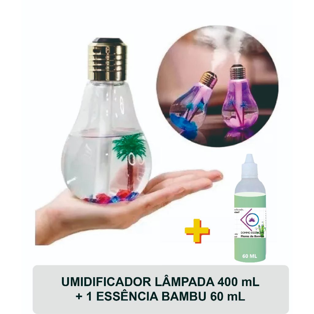 Umidificador Difusor LÂMPADA Grande 400 mL + 1 3 5 Essências 60 mL Lavanda  Capim Limão Bambu