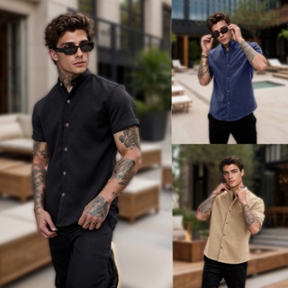 Camisa Social Masculina Gola Padre Linho Manga Curta Luxo em Oferta na Shopee