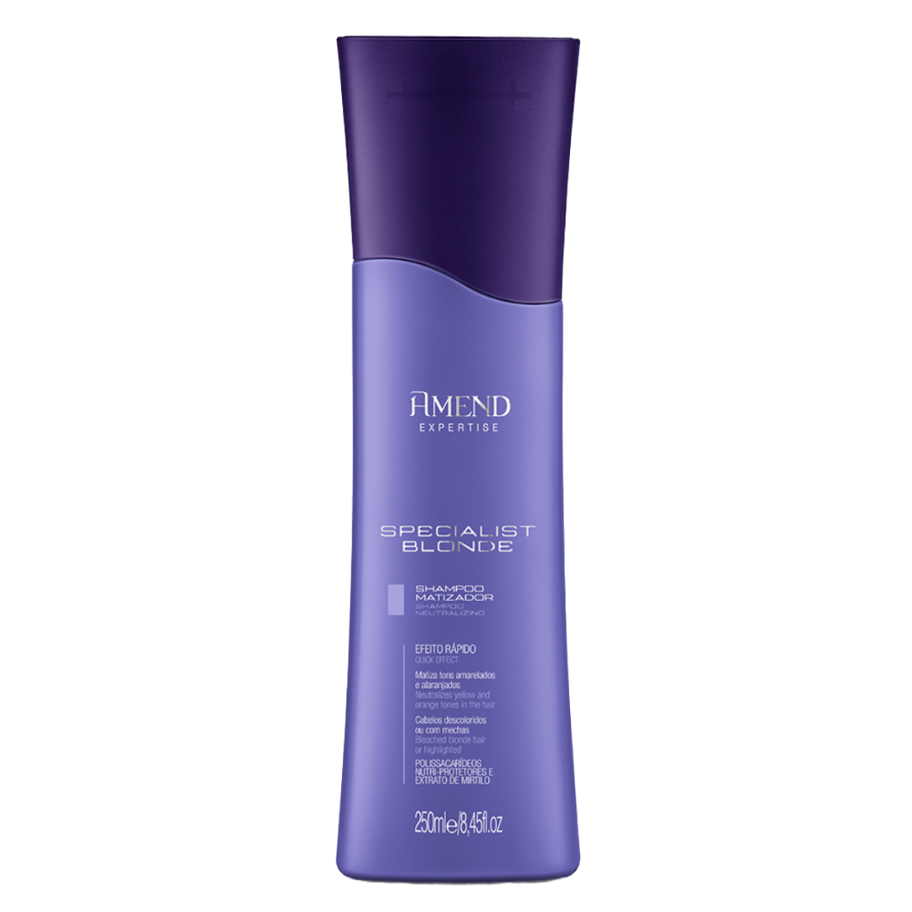 Shampoo Amend Specialist Blonde 250ml neutraliza indesejáveis tons amarelados ou alaranjados
