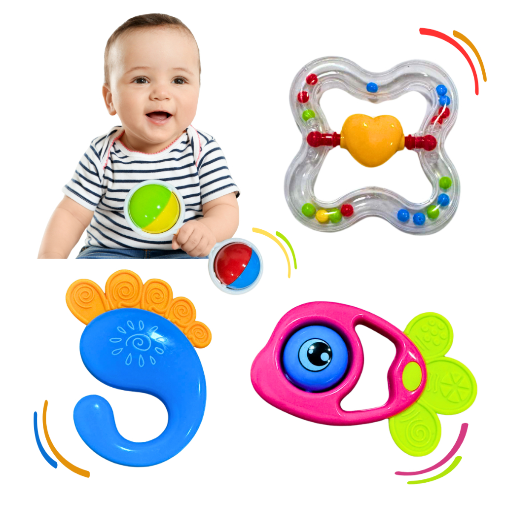 Brinquedos Para Bebê Kit com 4 pçs Chocalho + Mordedor Macio Colorido sensorial