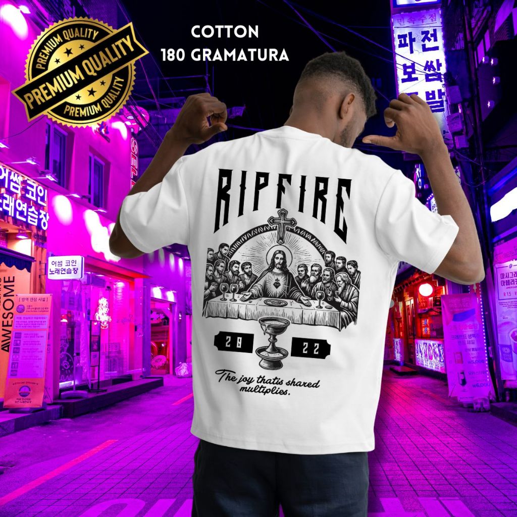 Ripfire Camiseta Masculina Streetwear Unissex Santa Ceia Estampada Algodao com Elastano