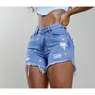 Short jeans feminino bordado modelagem empina bumbum barra desfiada cós cintura alta