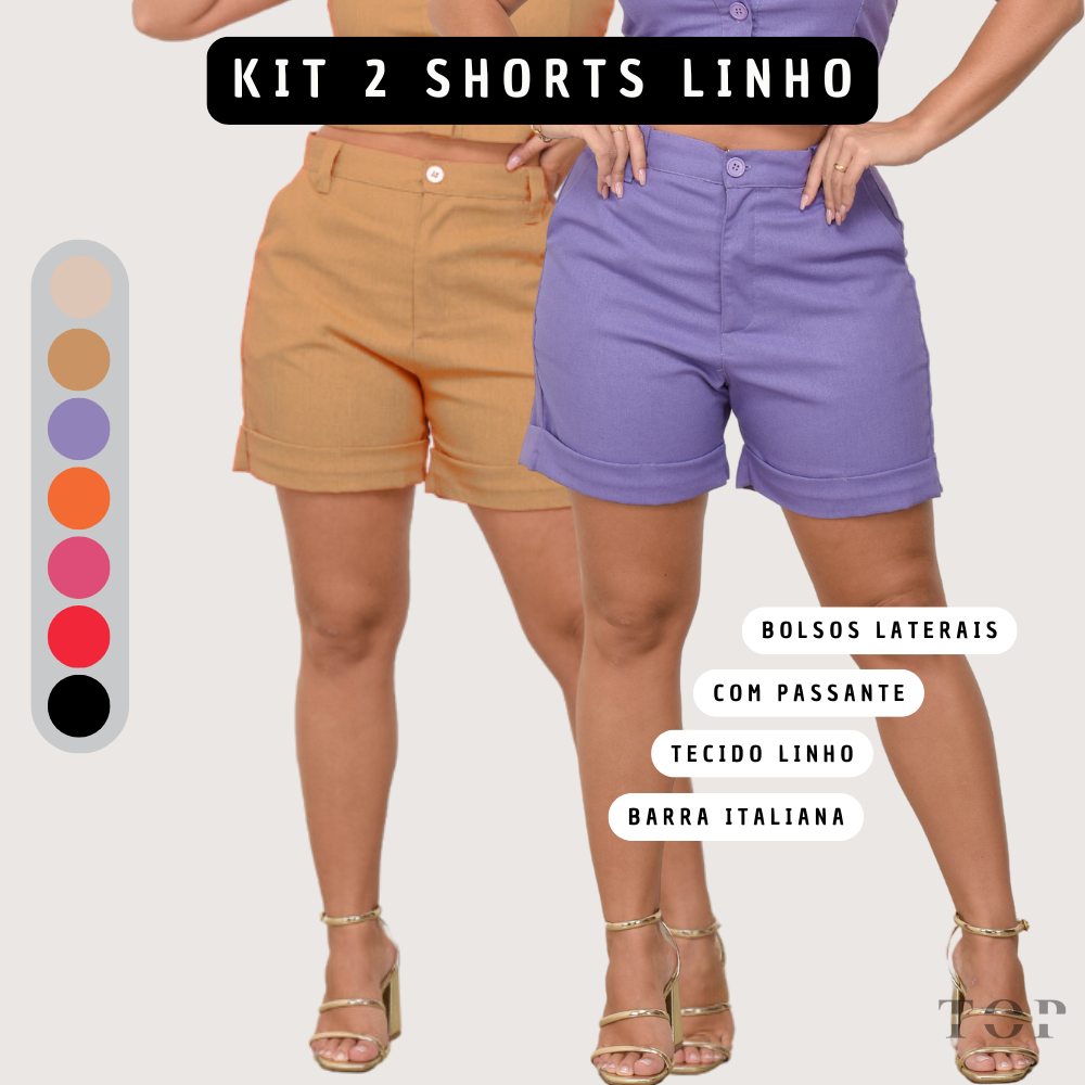 Kit 02 Short Feminino de Linho com Bolso Cintura Alta Alfaiataria Barra Italiana com Botao em Oferta na Shopee