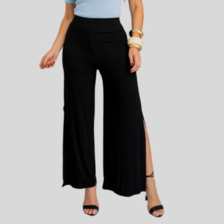 Calça Pantalona Com Fenda Lateral Feminina e Estilosa em Oferta na Shopee